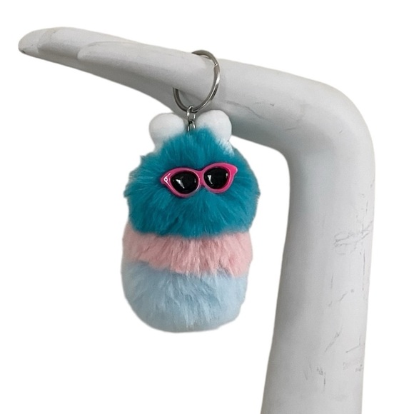 Blue & Pink Sunglasses Character Fluffy Pom Pom Keychain Accessory - Picture 14 of 14